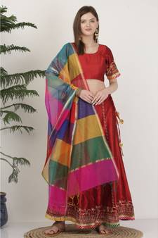 Kaanchie Nanggia Dupion Maroon Embroidery Lehenga Set