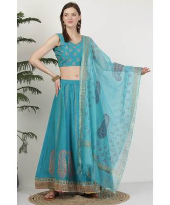 Kaanchie Nanggia Silk Blue printed Lehenga Set 1