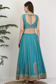 Kaanchie Nanggia Silk Blue printed Lehenga Set