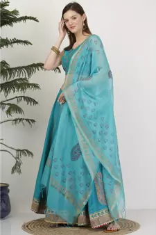 Kaanchie Nanggia Silk Blue printed Lehenga Set