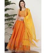 Kaanchie Nanggia Silk Orange printed Lehenga Set