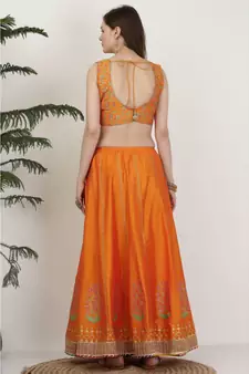 Kaanchie Nanggia Silk Orange printed Lehenga Set
