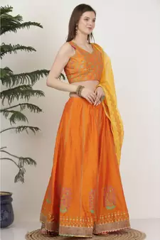 Kaanchie Nanggia Silk Orange printed Lehenga Set