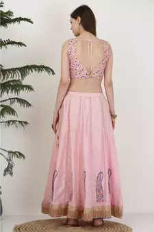 Kaanchie Nanggia Silk Pink printed Lehenga Set