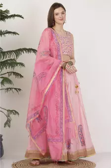 Kaanchie Nanggia Silk Pink printed Lehenga Set