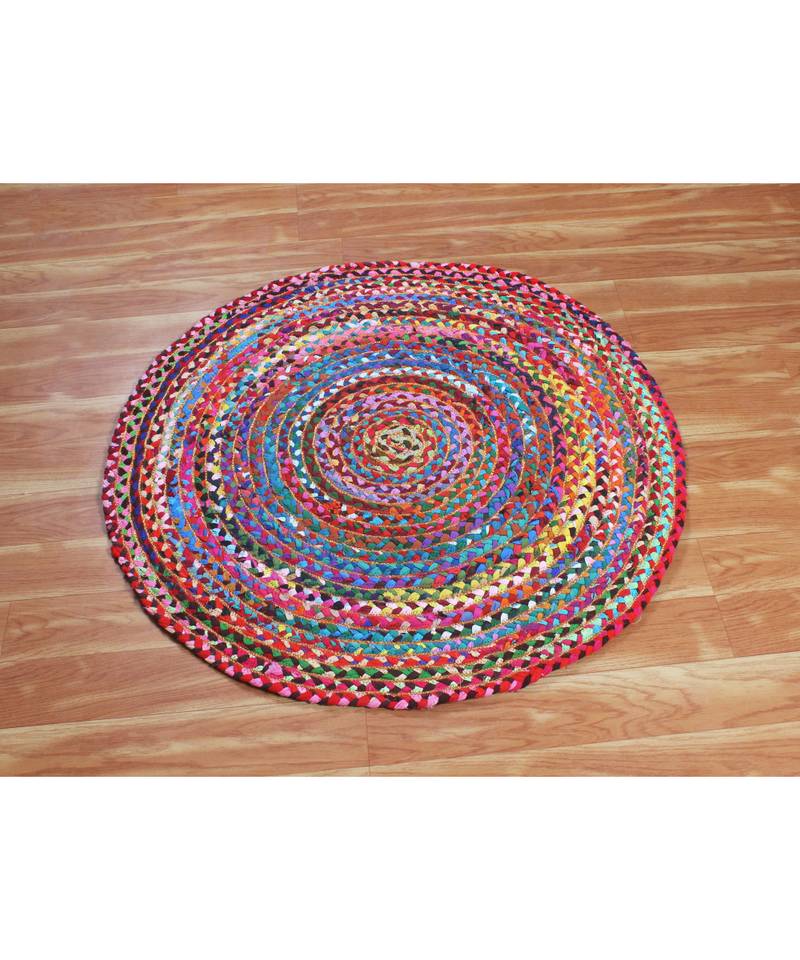 7x7 Ft Outdoor Doormats Cotton Chindi Rug Indian Handmade Round Area Rug  Dining Room Multicolor Rug  Woven Carpet
