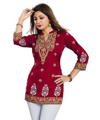 Red Endearing Ethnicity Short Maroon for Women 2