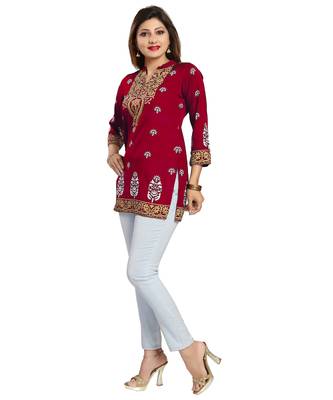 Red Endearing Ethnicity Short Maroon for Women 3