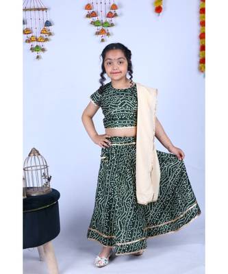 Banjara India Kutchi Emboidered Yellow Girls Chaniya Choli with Dupatta (CC-BANDHEJ) - Green 1