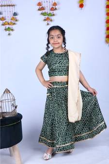 Banjara India Kutchi Emboidered Yellow Girls Chaniya Choli with Dupatta (CC-BANDHEJ) - Green