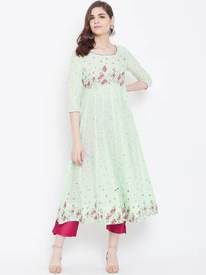 Green printed cotton long-kurtis 1
