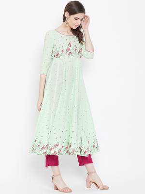 Green printed cotton long-kurtis 3