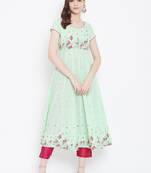 Green printed cotton long-kurtis