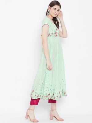 Green printed cotton long-kurtis 3