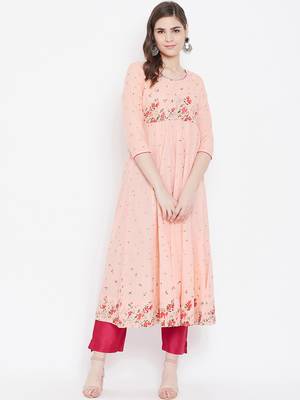Peach printed cotton long-kurtis 1