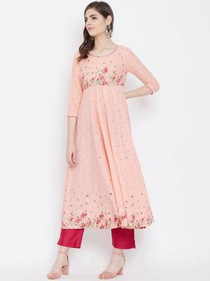 Peach printed cotton long-kurtis 2