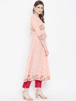 Peach printed cotton long-kurtis 3