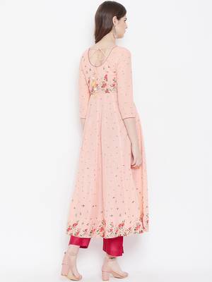 Peach printed cotton long-kurtis 4