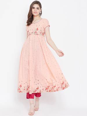 Peach printed cotton long-kurtis 1