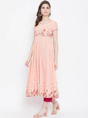 Peach printed cotton long-kurtis 2
