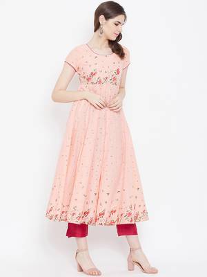 Peach printed cotton long-kurtis 3