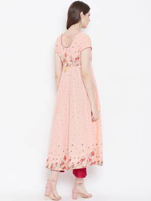 Peach printed cotton long-kurtis 4