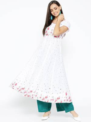 White printed cotton long-kurtis 1