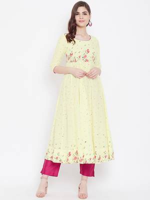 Yellow printed cotton long-kurtis 1