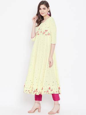 Yellow printed cotton long-kurtis 2