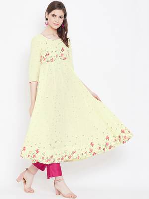 Yellow printed cotton long-kurtis 3