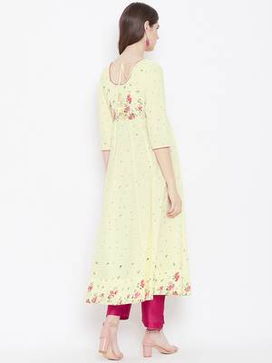 Yellow printed cotton long-kurtis 4