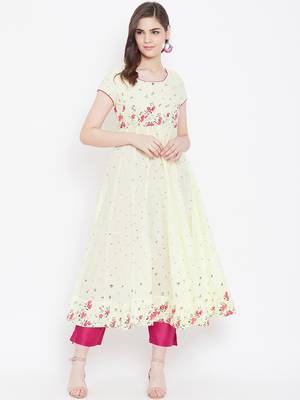 Yellow printed cotton long-kurtis 1