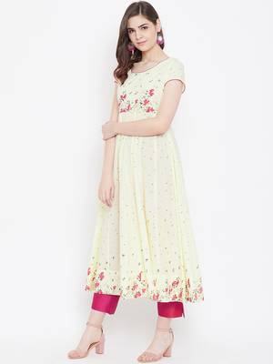 Yellow printed cotton long-kurtis 2