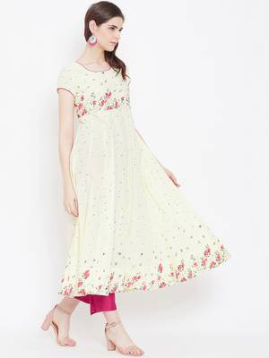 Yellow printed cotton long-kurtis 3