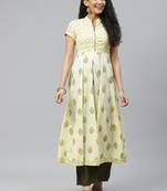Yellow printed cotton long-kurtis