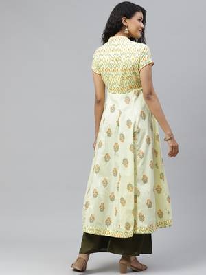 Yellow printed cotton long-kurtis 2