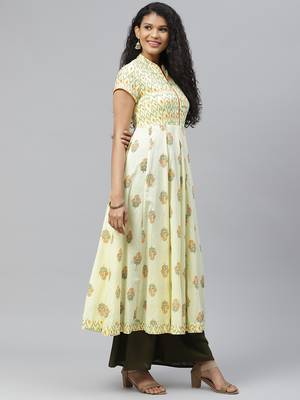 Yellow printed cotton long-kurtis 3