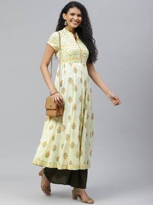 Yellow printed cotton long-kurtis 5