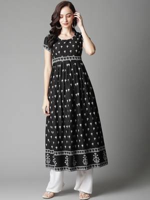 Black printed cotton long-kurtis 1