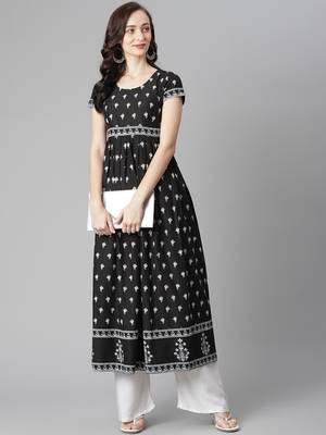 Black printed cotton long-kurtis 3