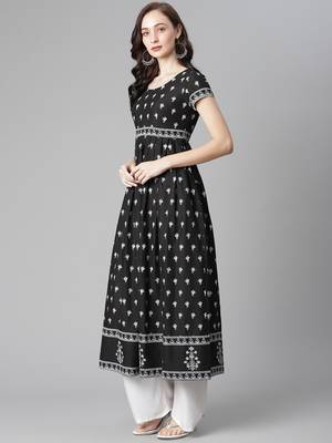 Black printed cotton long-kurtis 5