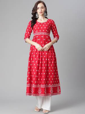 Red printed cotton long-kurtis 1