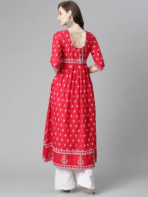Red printed cotton long-kurtis 2