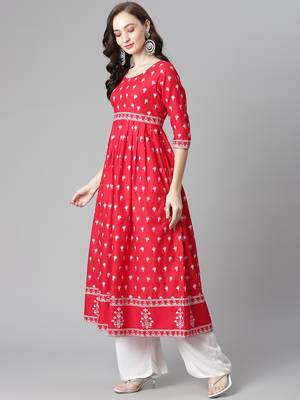 Red printed cotton long-kurtis 3