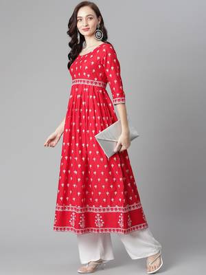 Red printed cotton long-kurtis 5