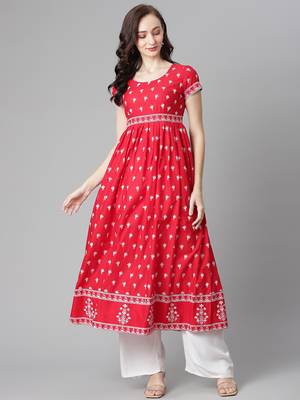 Red printed cotton long-kurtis 1