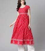 Red printed cotton long-kurtis
