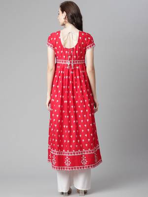 Red printed cotton long-kurtis 2