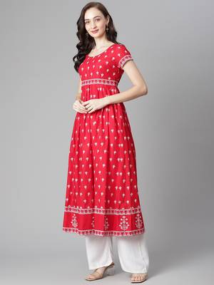 Red printed cotton long-kurtis 3