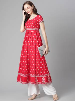 Red printed cotton long-kurtis 5